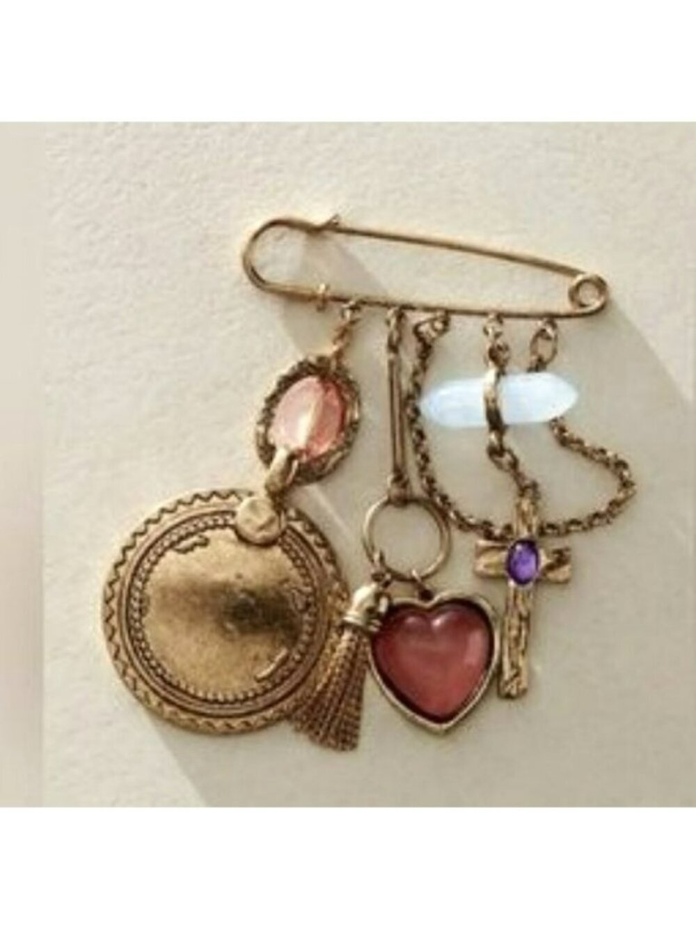 Free People Gold-Tone Charm Brooch With Heart Cross Tassel & Gemstone Accents